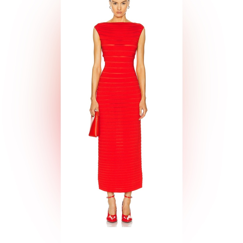 Alaia Tiered Pleated Red Orange Bodycon Ankle Length Dress